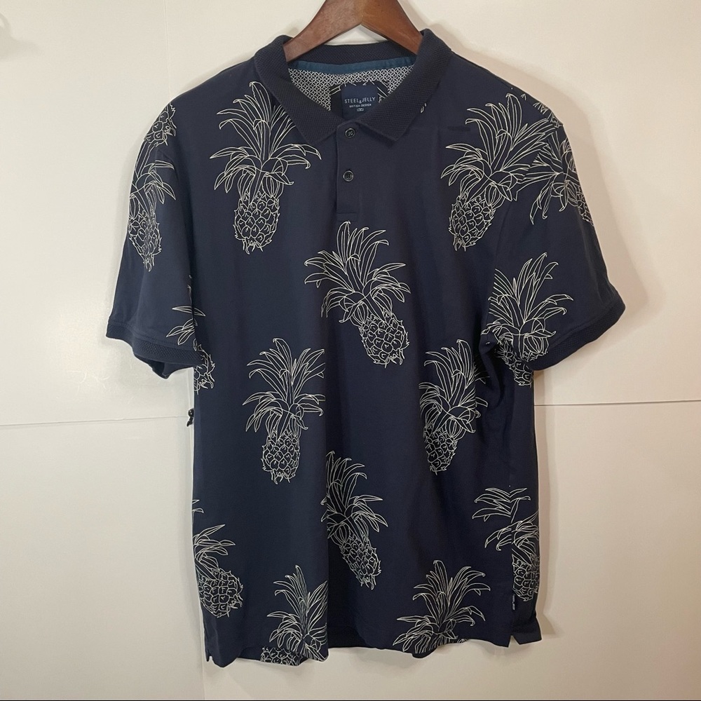 STEEL & JELLY London Mens Size L Blue Pineapple Graphics Casual Polo Tee Shirt